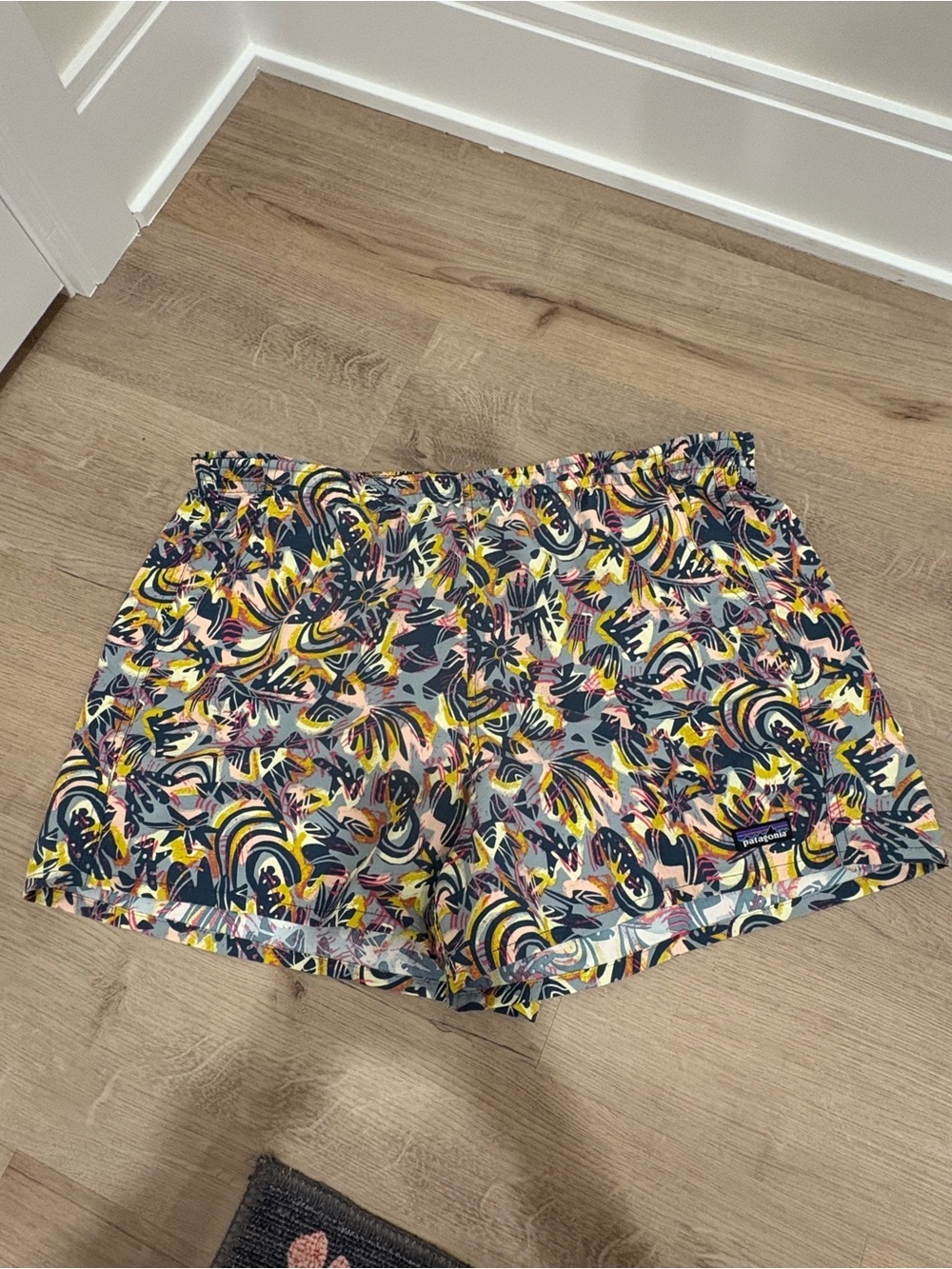 Patagonia Men’s Swim Trunks - Navy, Yellow & Pink Abstract Print